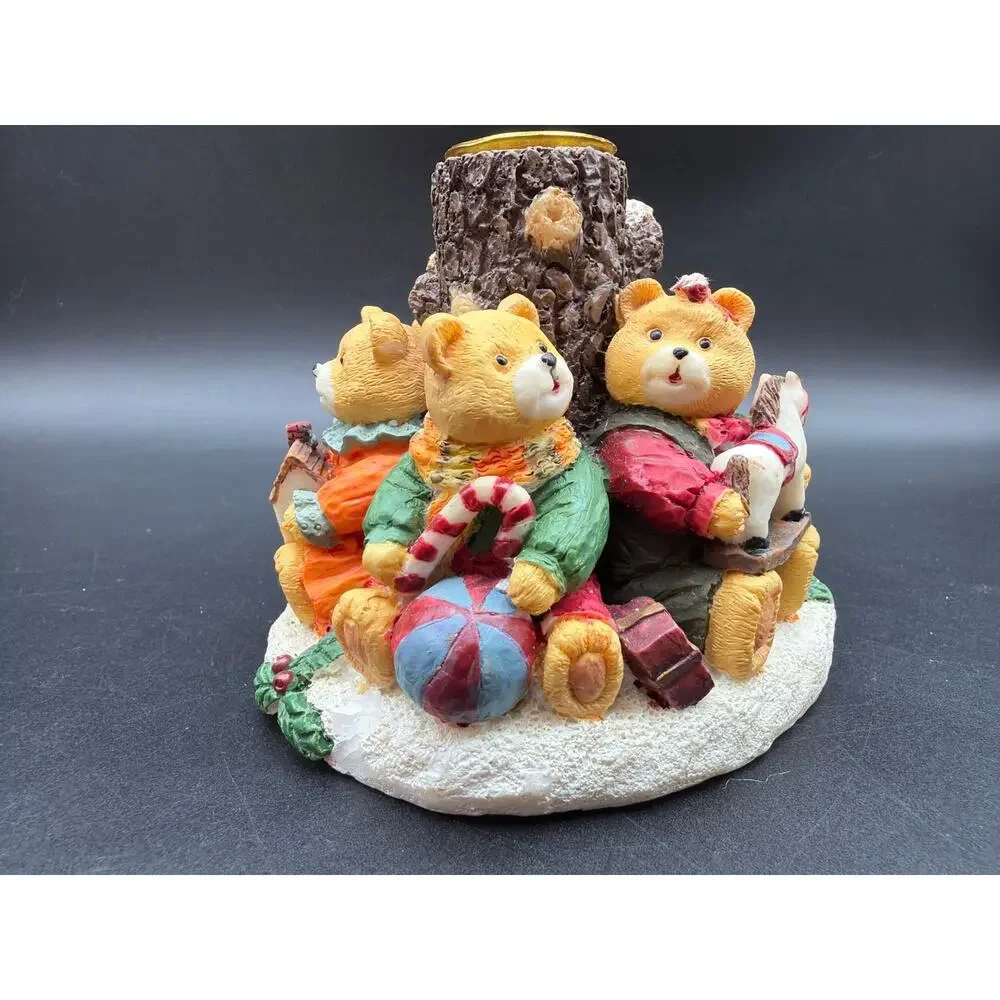 Vintage Teddy Bear Christmas Votive Candle Holder Resin Toys Tree Stump 3.5”x4”